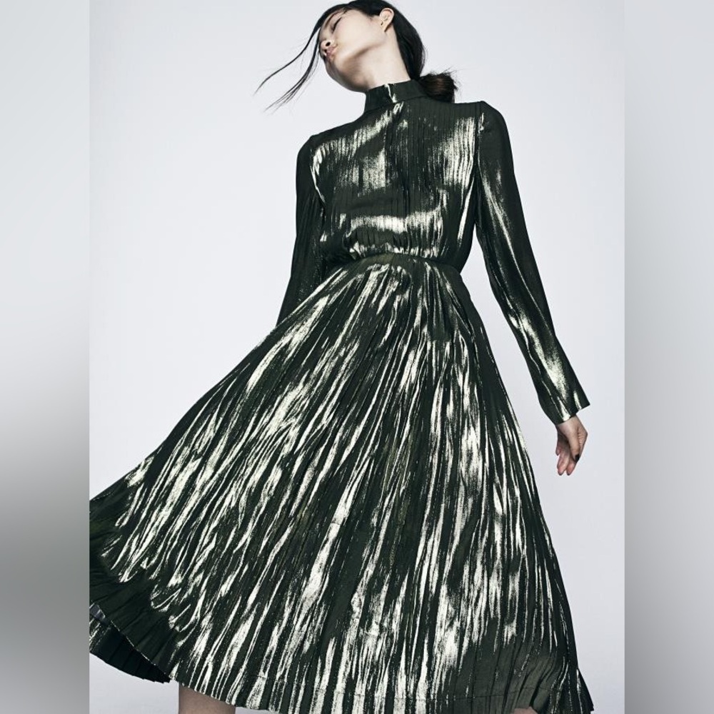 Loewe Shiny Pleated Lurex Midi Length Dress. Sweet shiny metallic olive green.